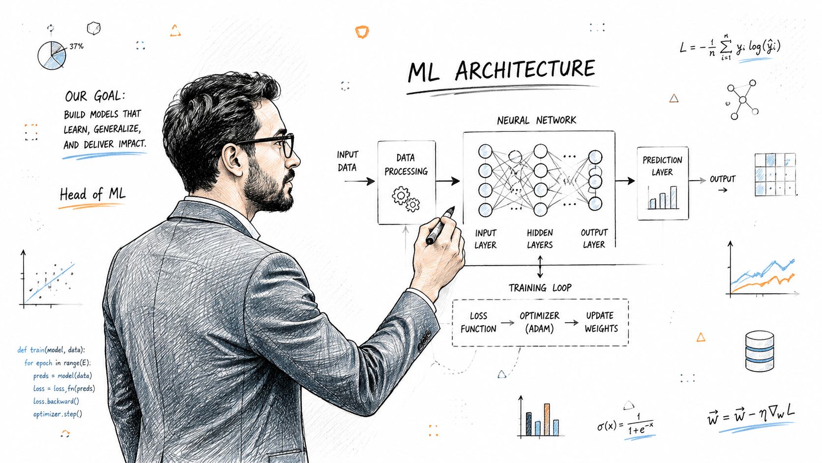 A professional man drawing a machine learning architecture diagram on a white board in an office setting.