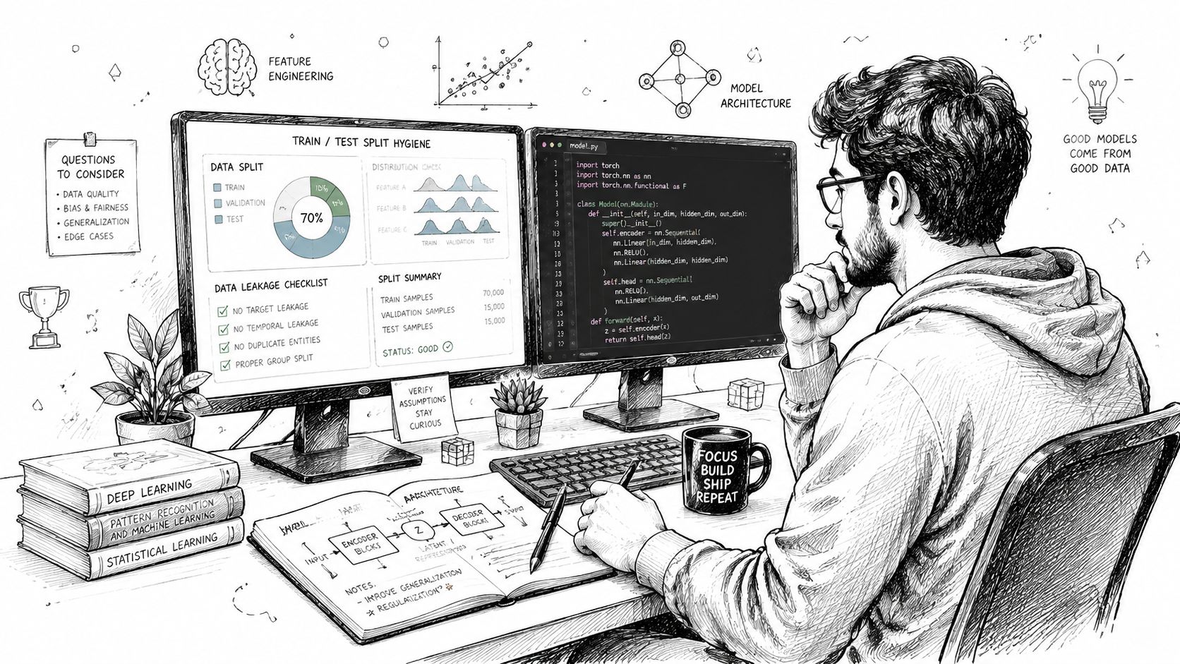 A male AI engineer works at a desk with two monitors displaying neural network code and data analysis.