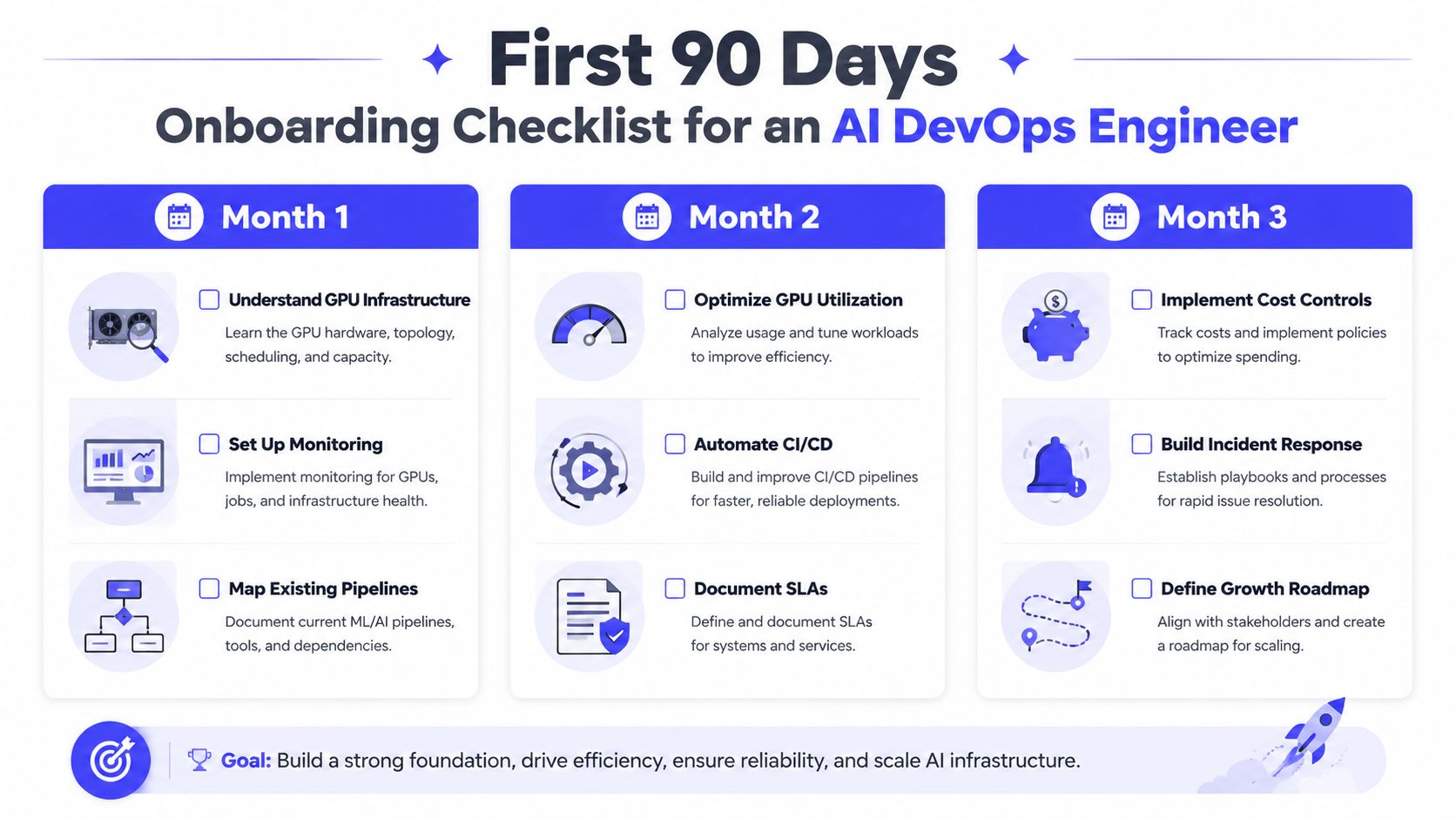 A structured 90-day onboarding checklist infographic designed for an AI DevOps engineer to learn and grow professionally.