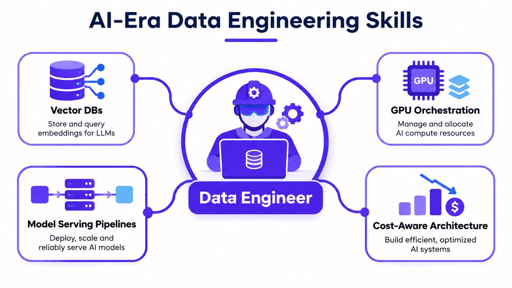 A diagram illustrating essential data engineering skills for the AI era, including vector databases and GPU orchestration.