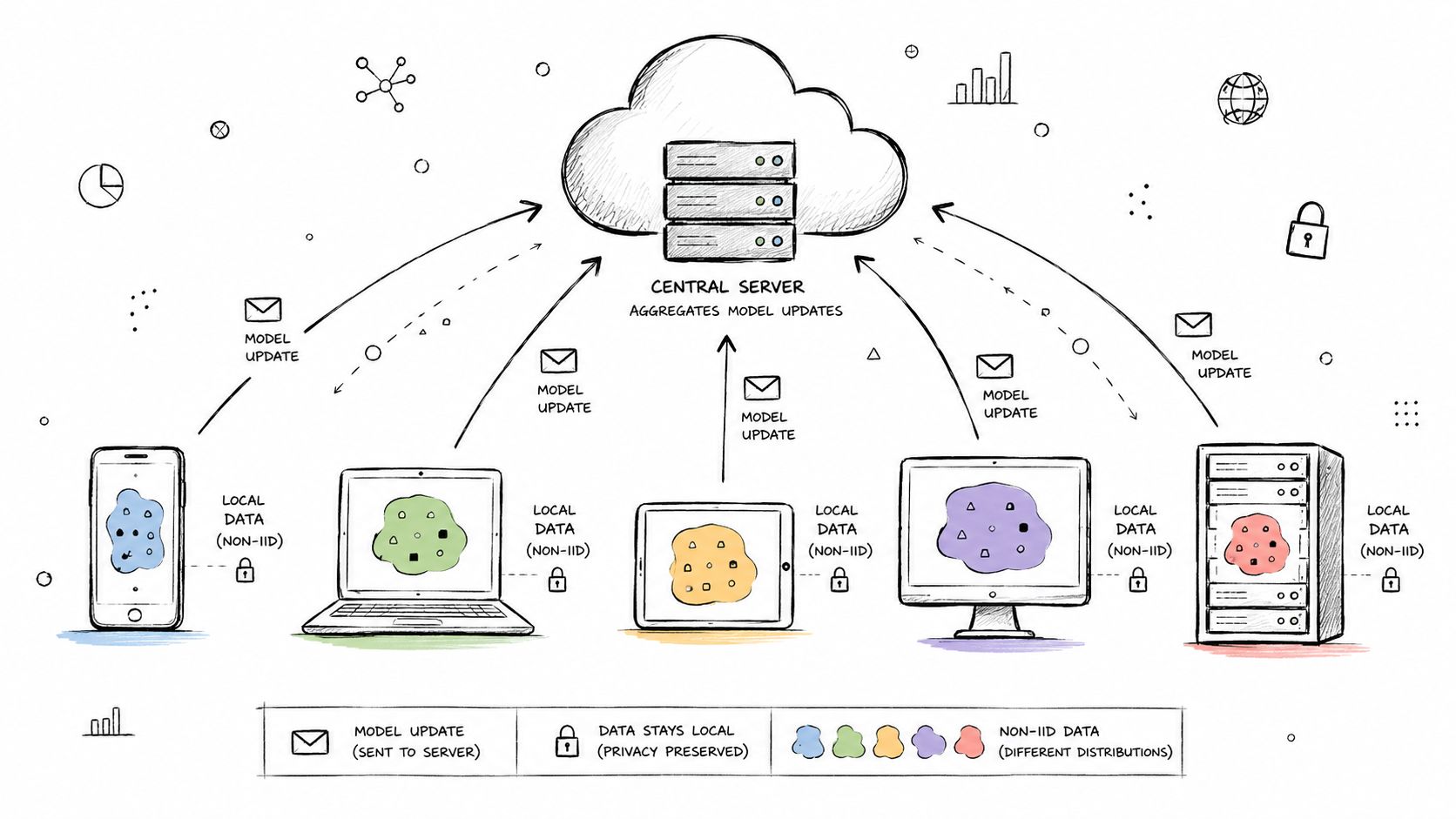 A diagram illustrating federated learning with multiple devices sending local model updates to a central server for aggregation.