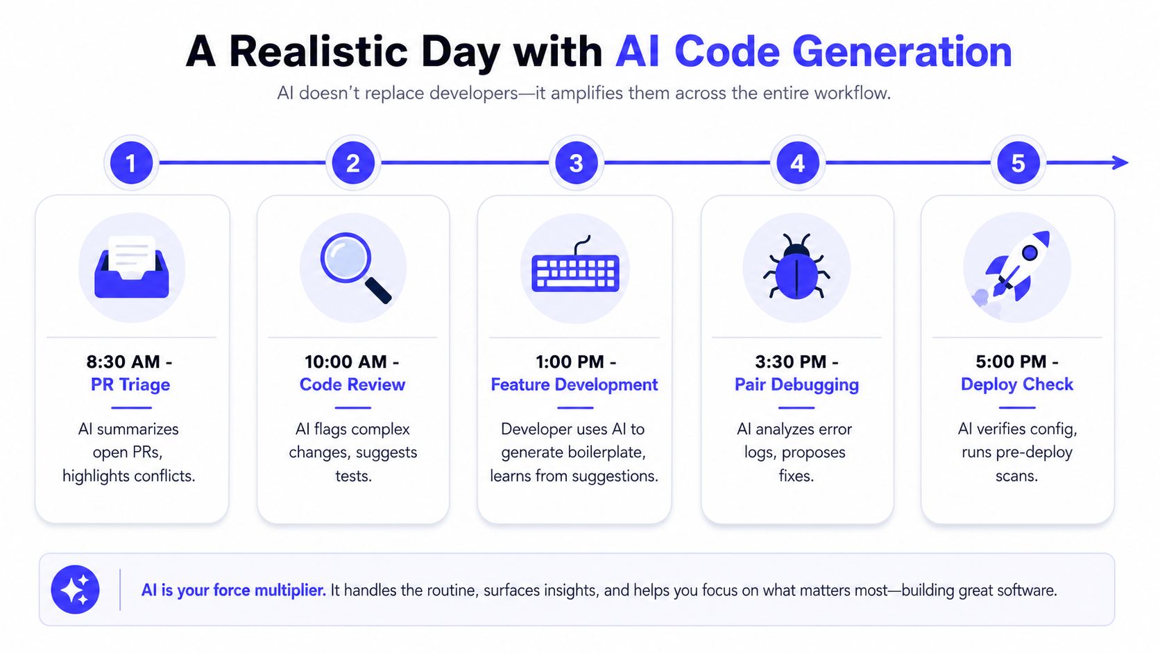 An infographic illustrating five stages of a developer's workflow integrated with AI code generation tools.