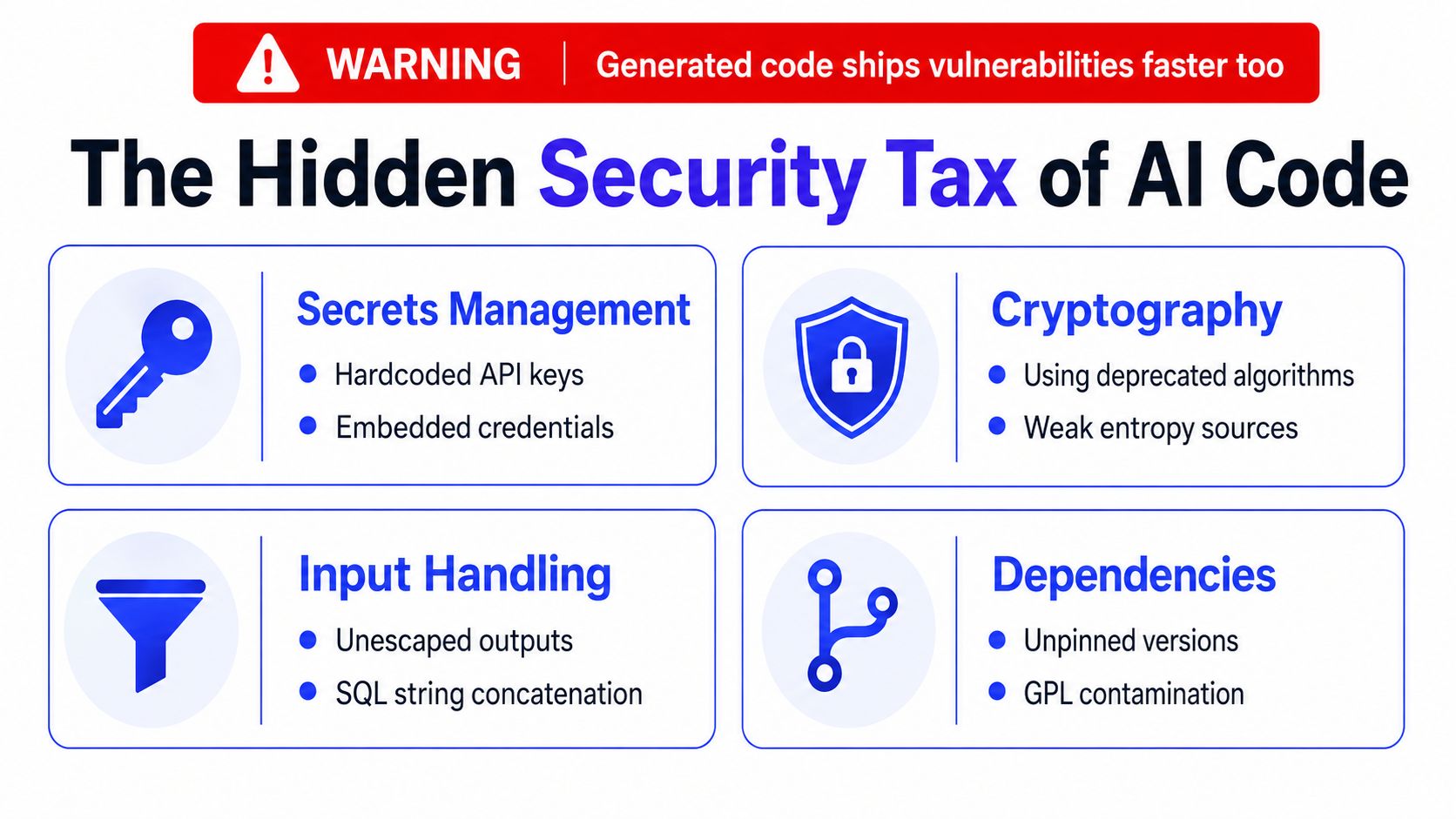 An infographic detailing security risks associated with AI-generated code, including secrets, cryptography, input, and dependency vulnerabilities.