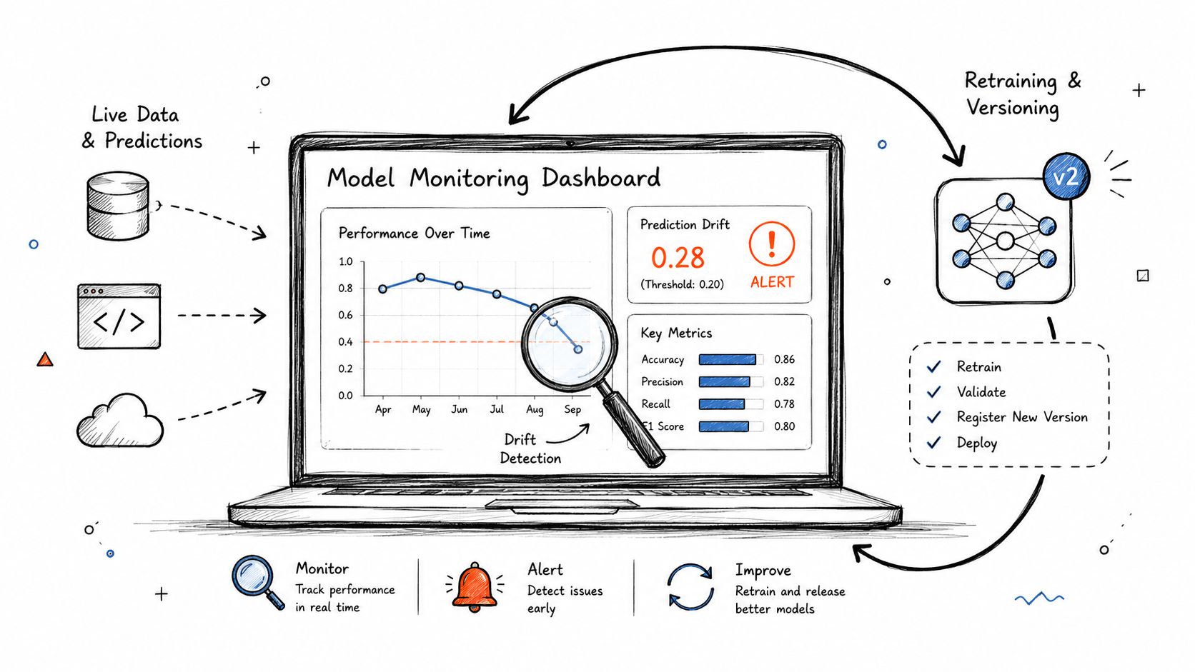 A hand-drawn illustration showing a model monitoring dashboard with performance tracking, drift detection, and the automated retraining cycle.