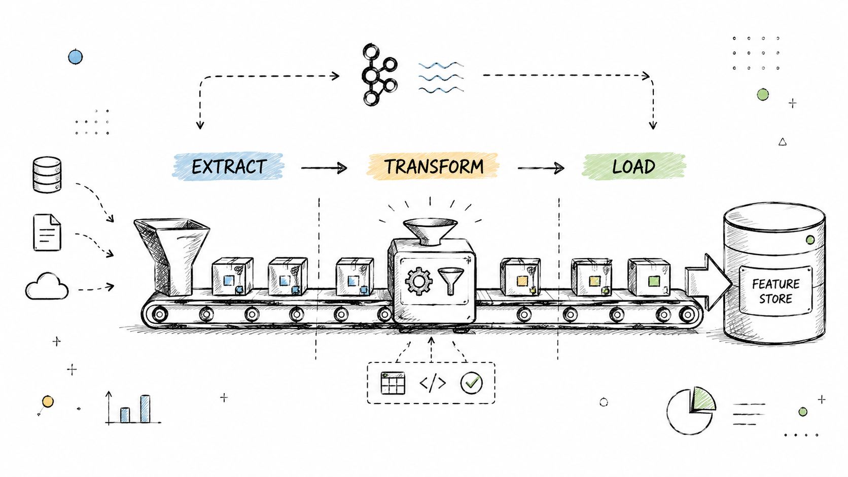 A hand-drawn illustration showing the ETL process of data extraction, transformation, and loading into a feature store.
