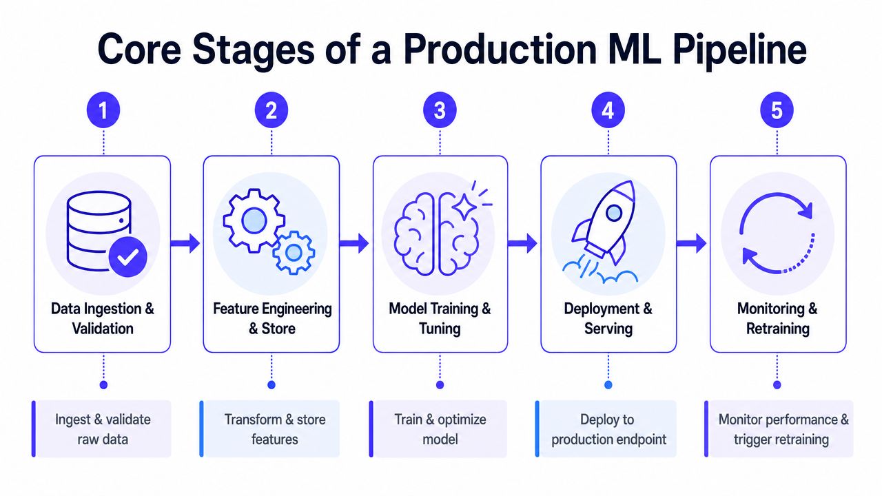 A diagram illustrating the five core stages of a production machine learning pipeline, from data ingestion to monitoring.