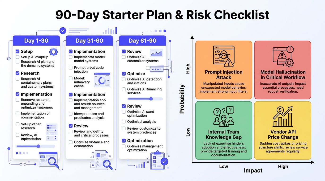A 90-day starter plan infographic for AI implementation paired with a risk probability and impact matrix.