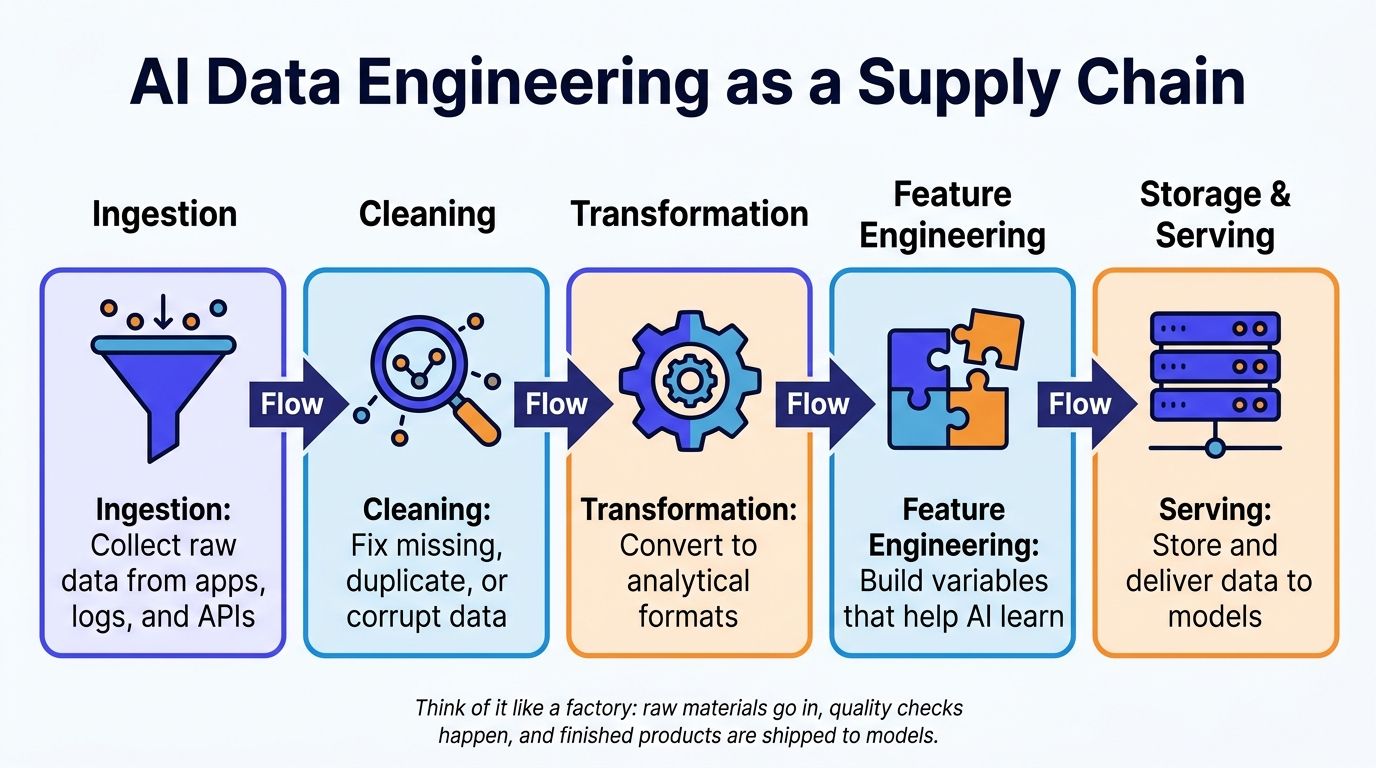 A diagram illustrating the five stages of the AI data engineering supply chain from ingestion to serving.