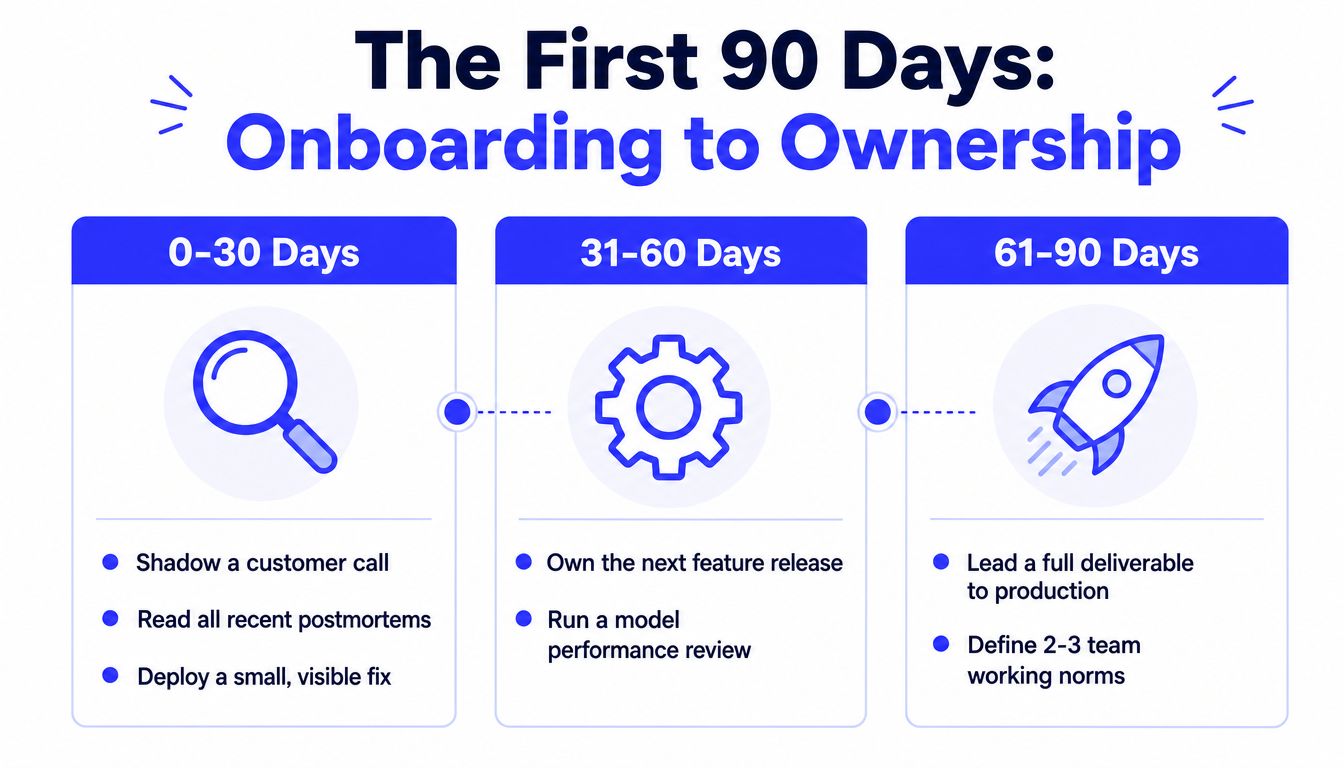 An infographic titled The First 90 Days outlining an onboarding plan for new hires divided by timeframes.