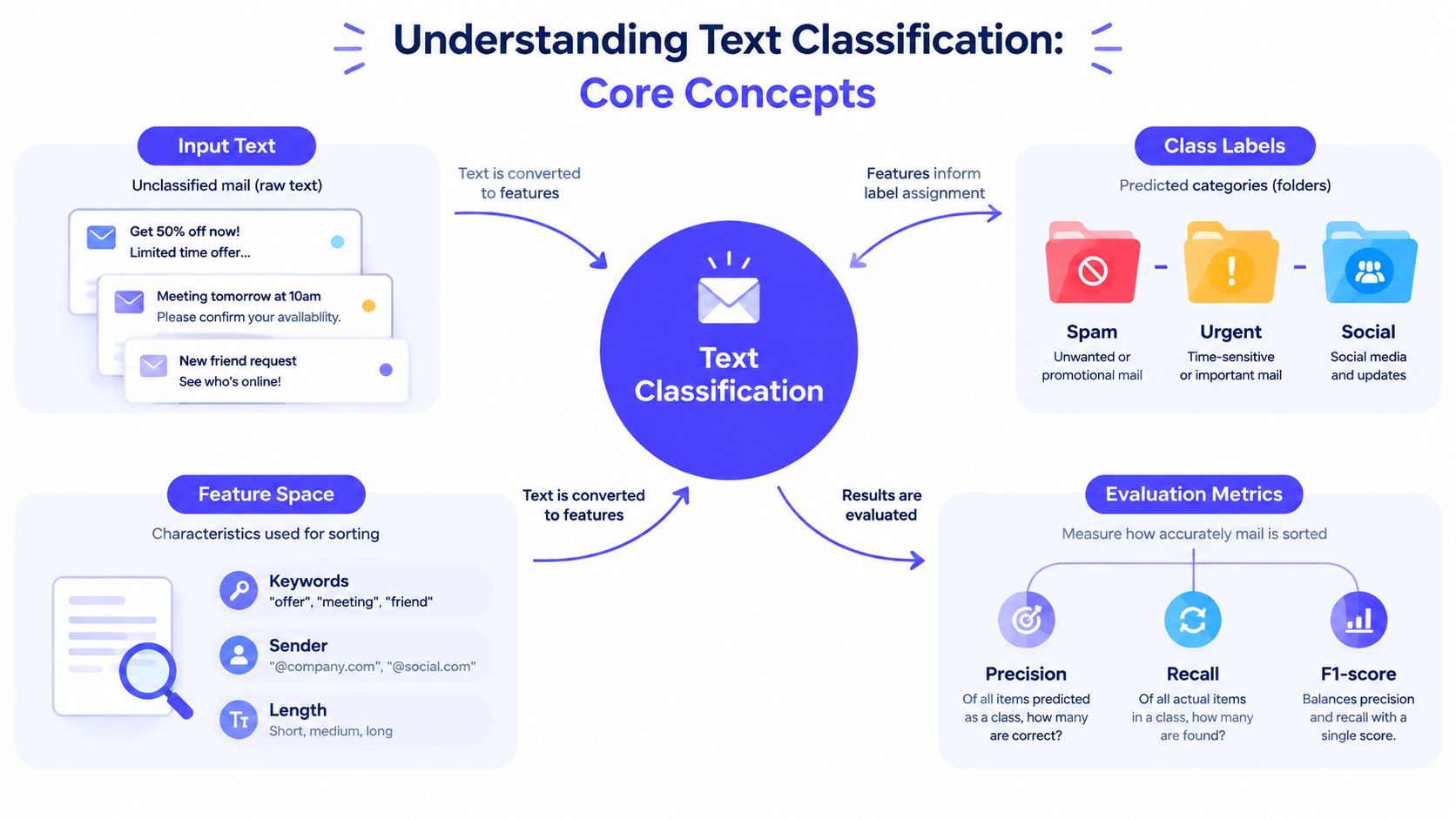A diagram illustrating the core concepts of text classification for organizing emails into categorized folders.