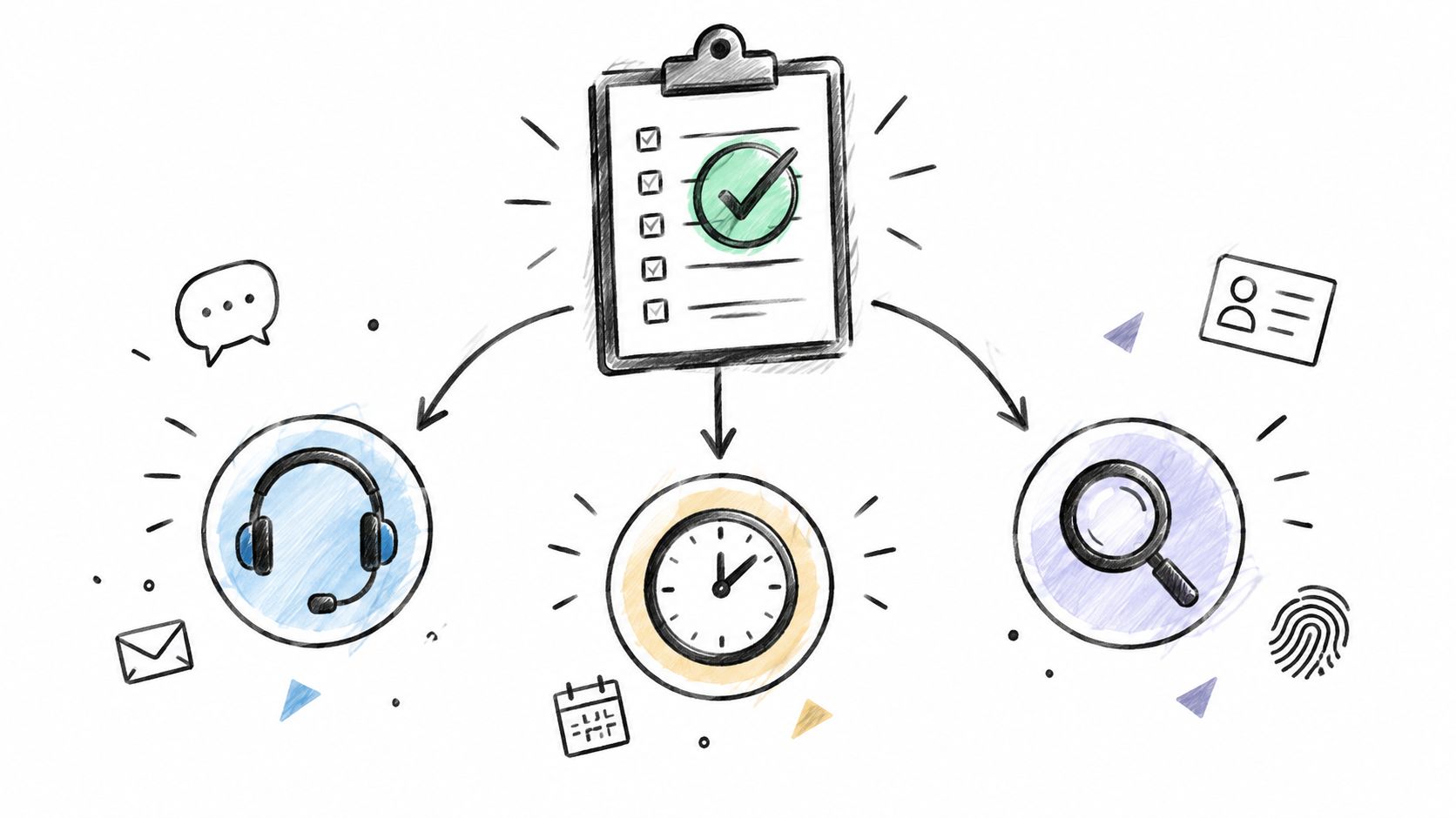 A hand-drawn illustration depicting a candidate vetting process with icons for support, time, and verification.
