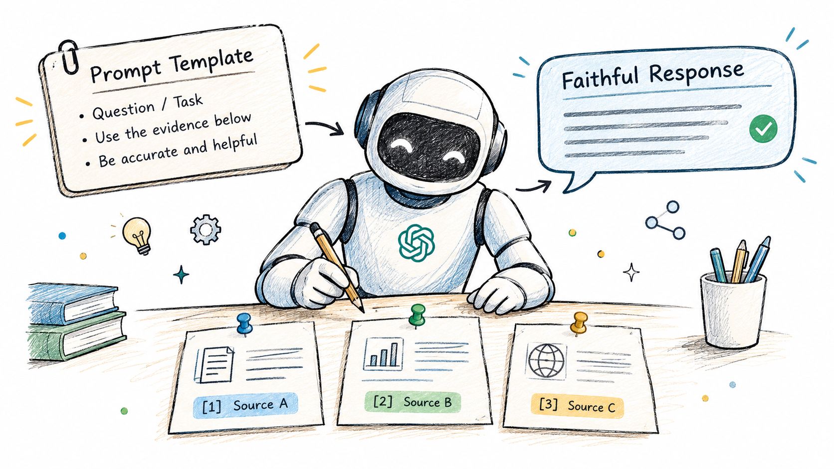 A friendly robot illustration demonstrating the RAG process of using multiple sources to generate a faithful response.