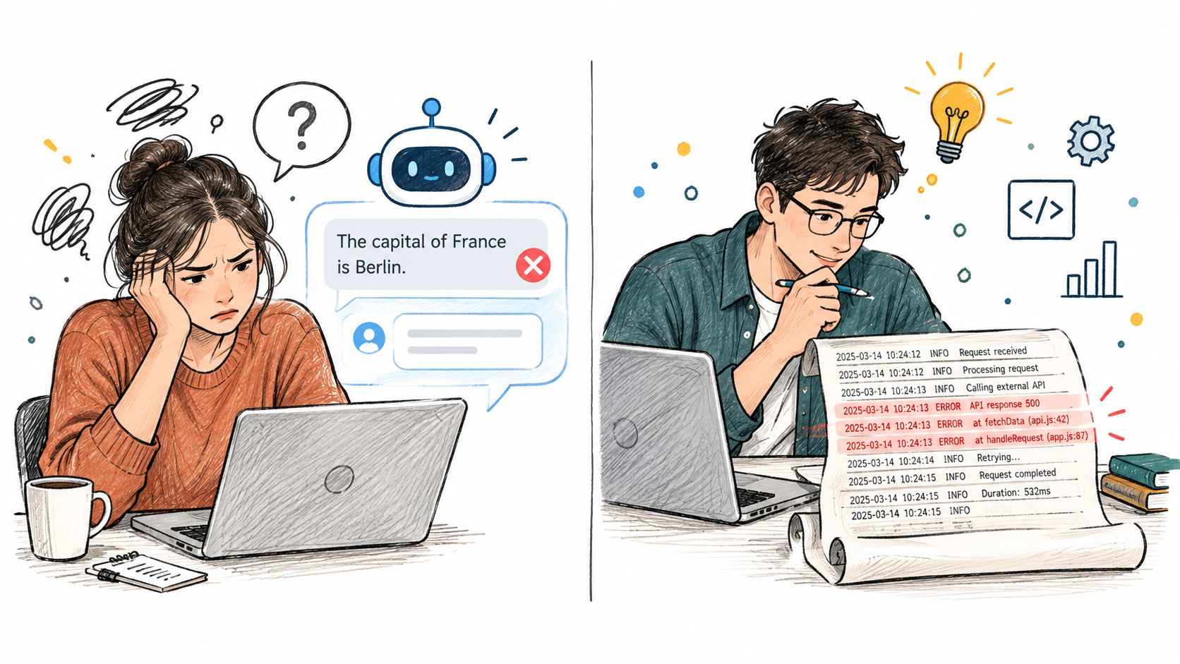 A split image showing a woman struggling with an incorrect AI answer and a developer debugging code.