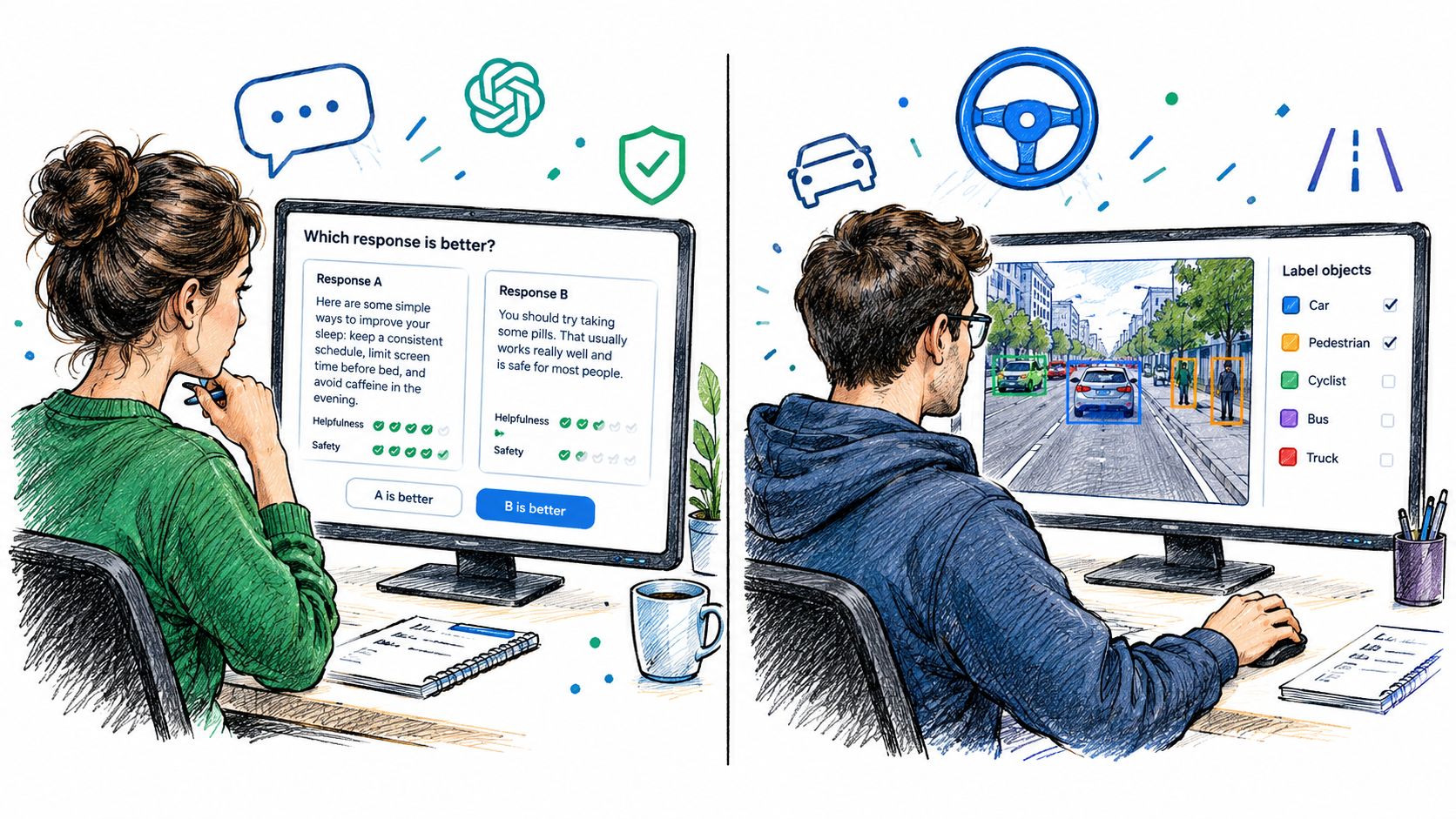A split-screen illustration showing an AI trainer evaluating text responses and another labeling objects in autonomous driving footage.