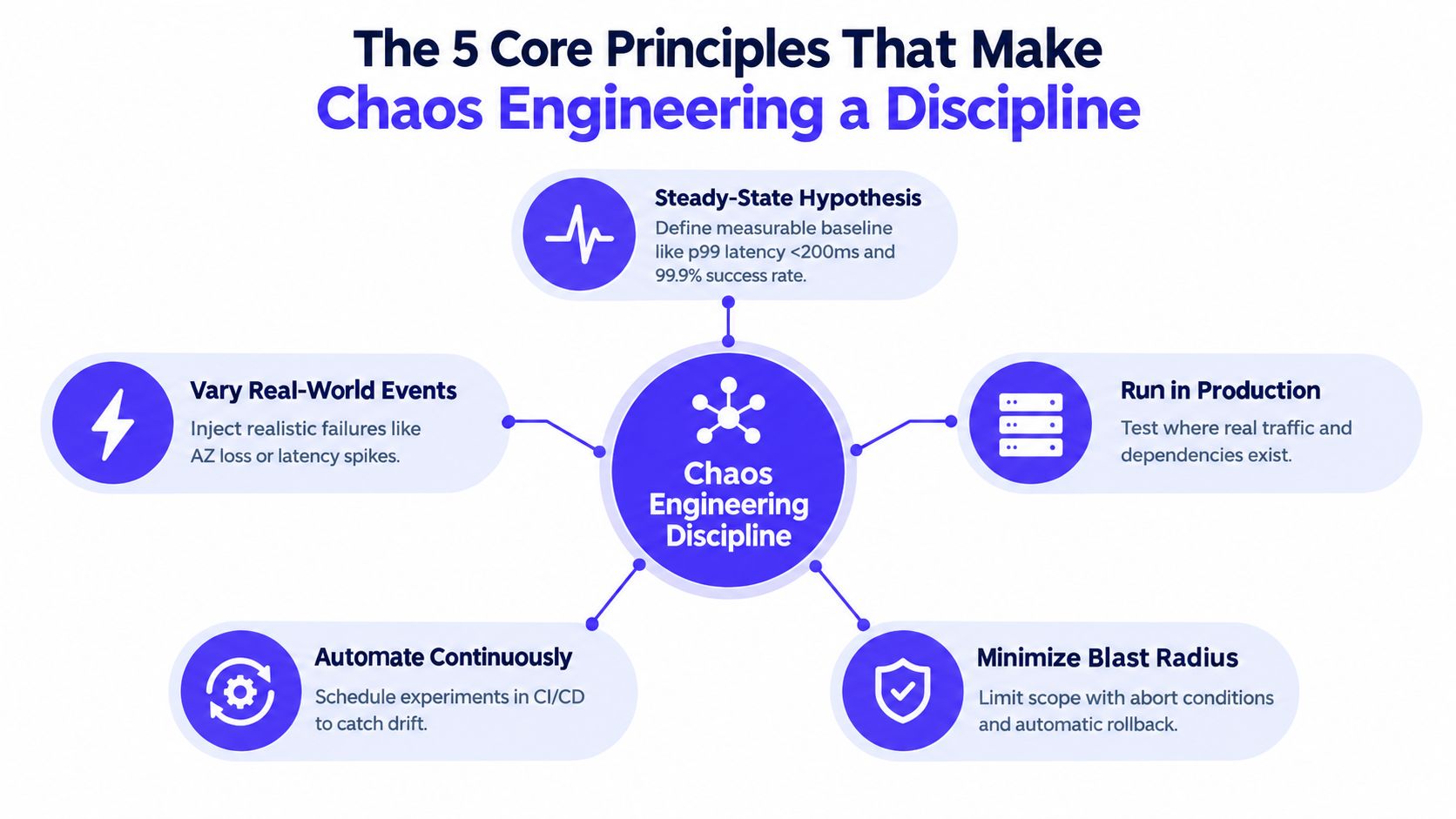An infographic illustrating the five core principles of chaos engineering, organized in a circular diagram structure.