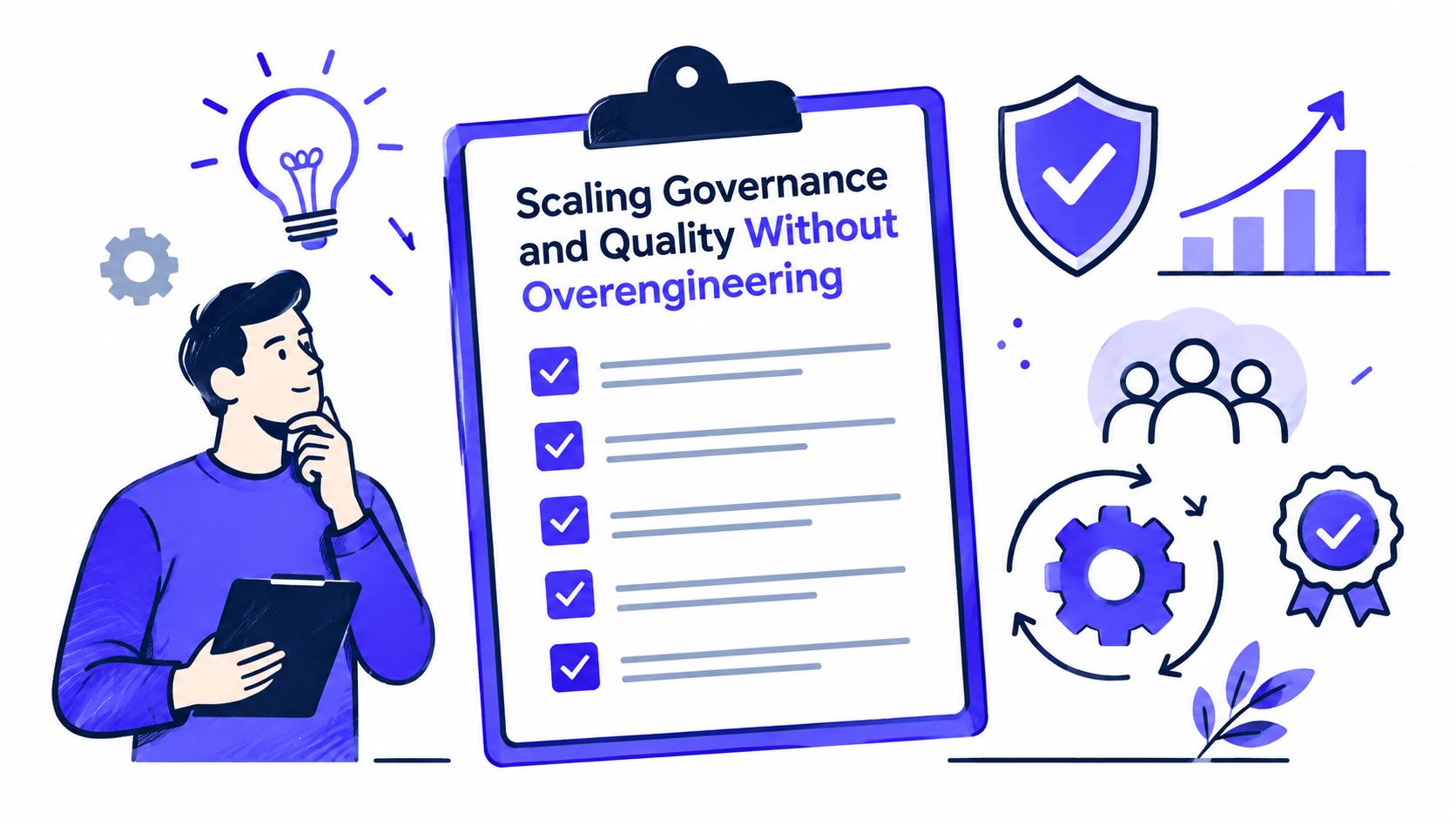 A professional illustration of a person thinking next to a clipboard with a checklist about governance.