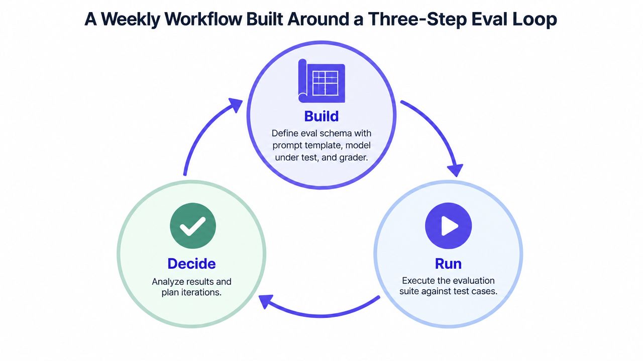 A circular diagram illustrating a three-step weekly workflow for LLM evaluation: Build, Run, and Decide.