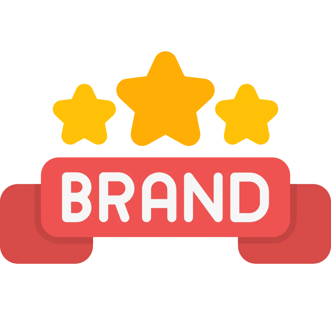 A graphic of three stars above the word 'BRAND' on a red ribbon, symbolizing brand quality and reputation.