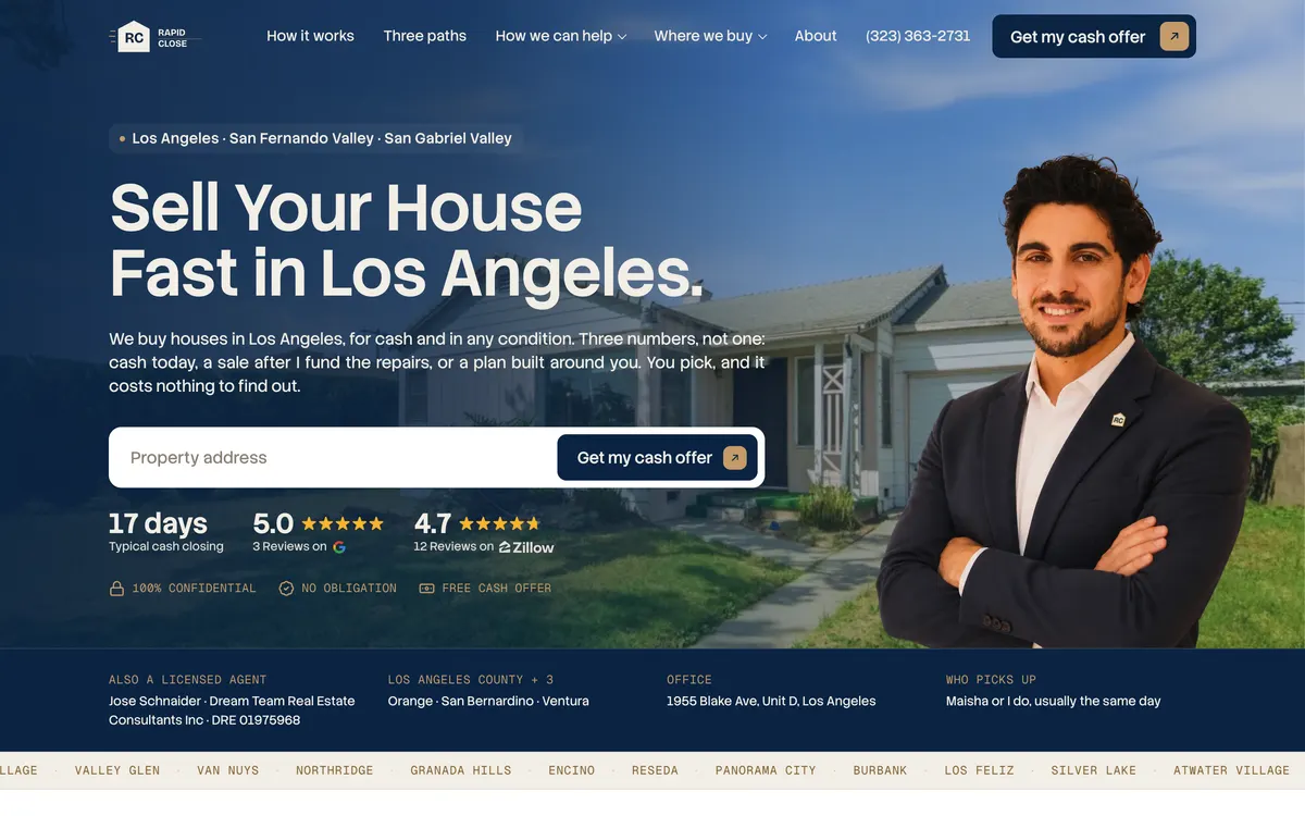 Rapid Close SoCal home page, designed and built by Hesel Media