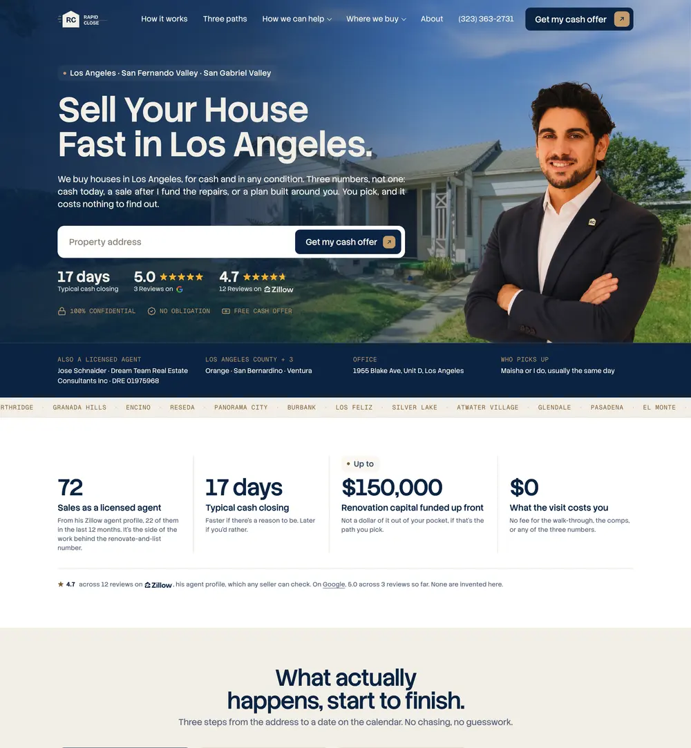 Rapid Close SoCal home page on desktop