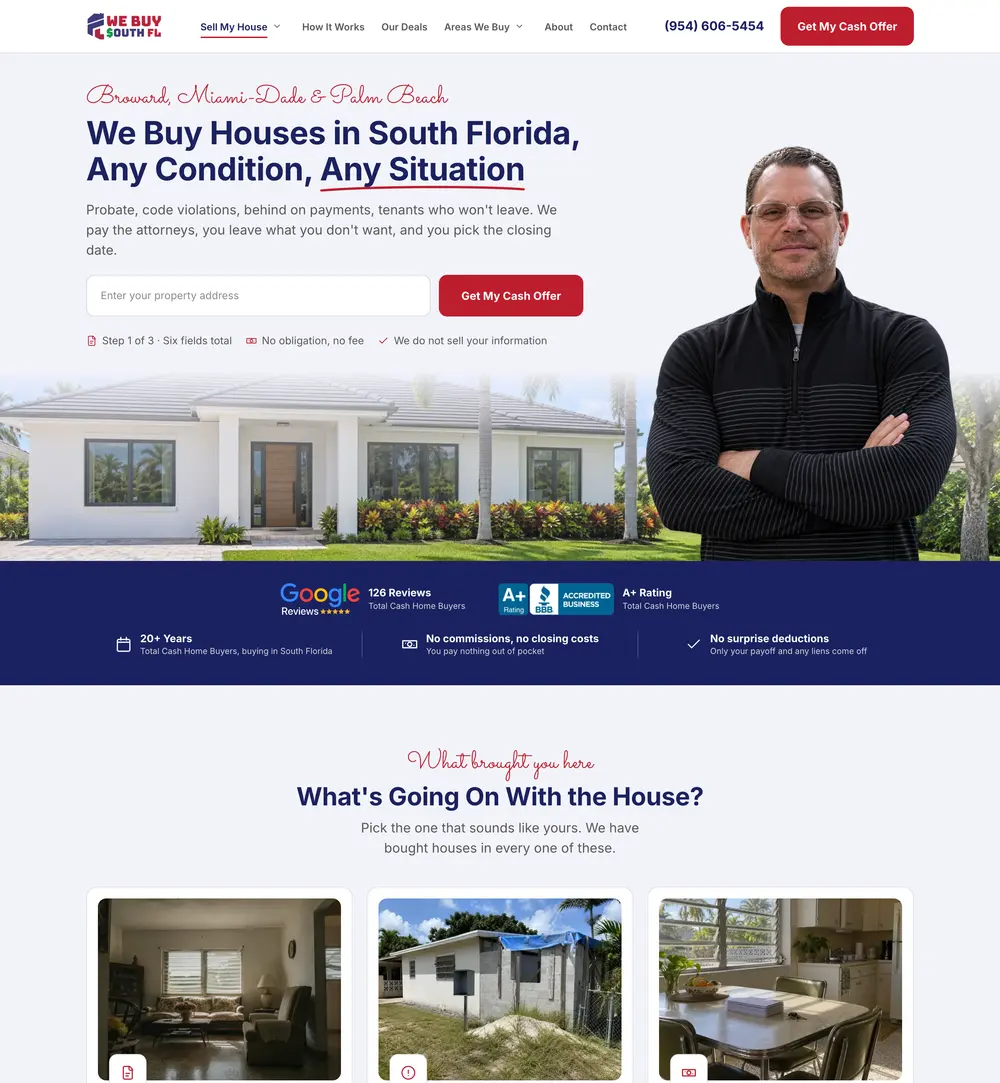 We Buy South FL home page on desktop