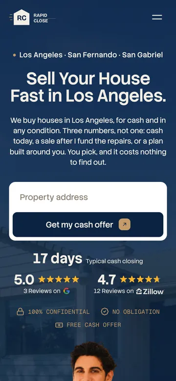 Rapid Close SoCal home page on a phone