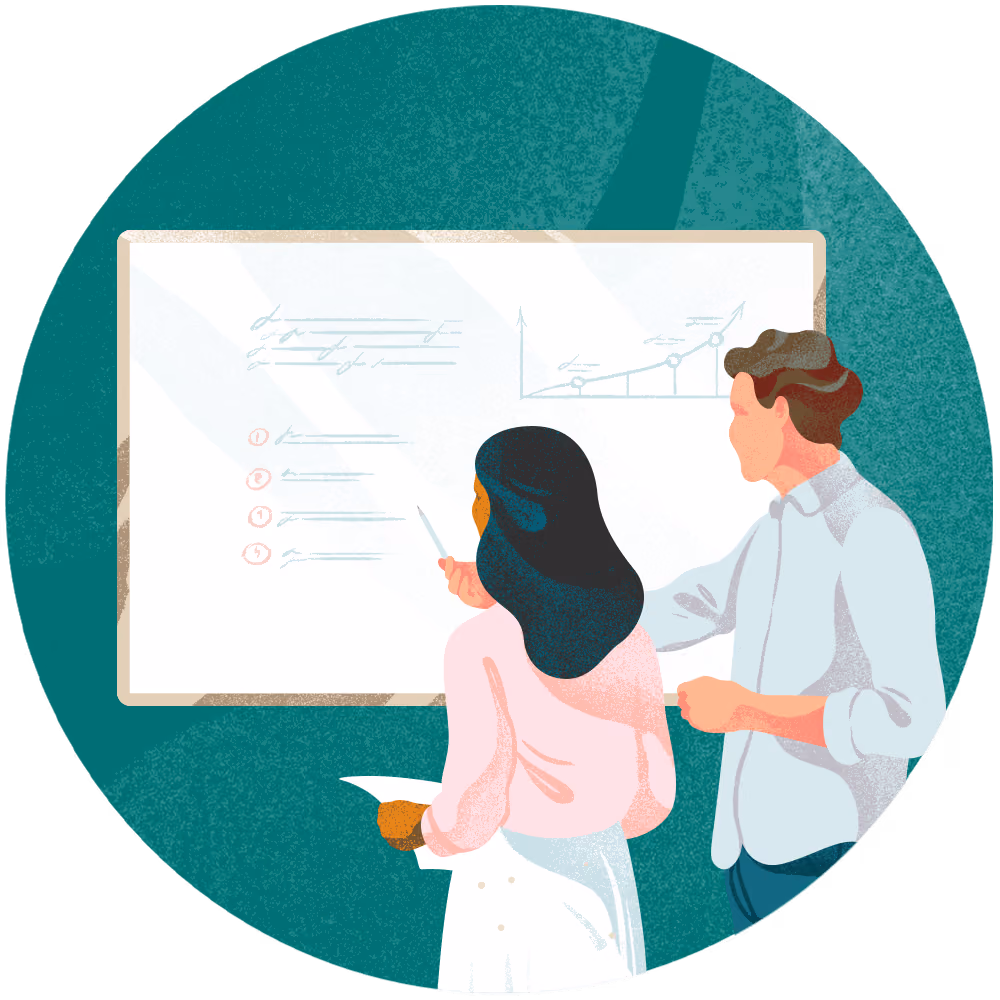 An illustration of two people discussing effective e-commerce email and SMS marketing strategies using a whiteboard. 