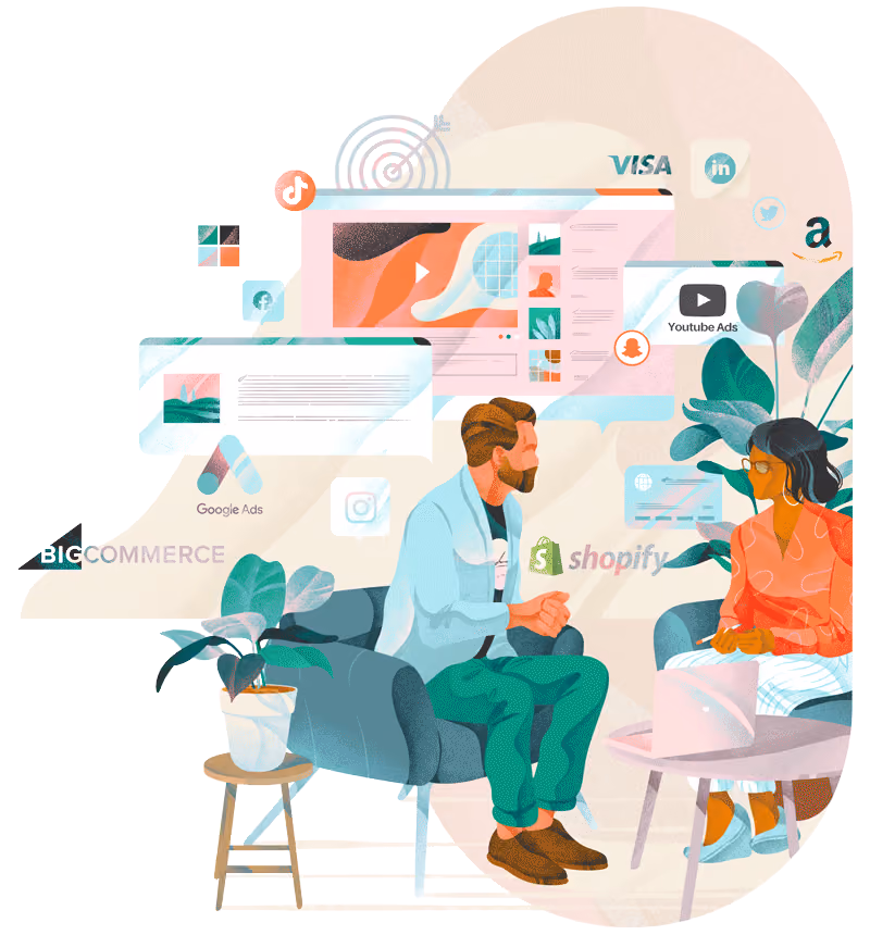 Illustration of two people collaborating on lounge chairs with icons of major retailers showcased in the background