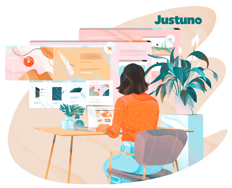 An illustration of the a person sitting at a desk, using a laptop to explore the Justuno customer experience, showing how pop ups can be integrated into websites to improve engagement and grow conversions.