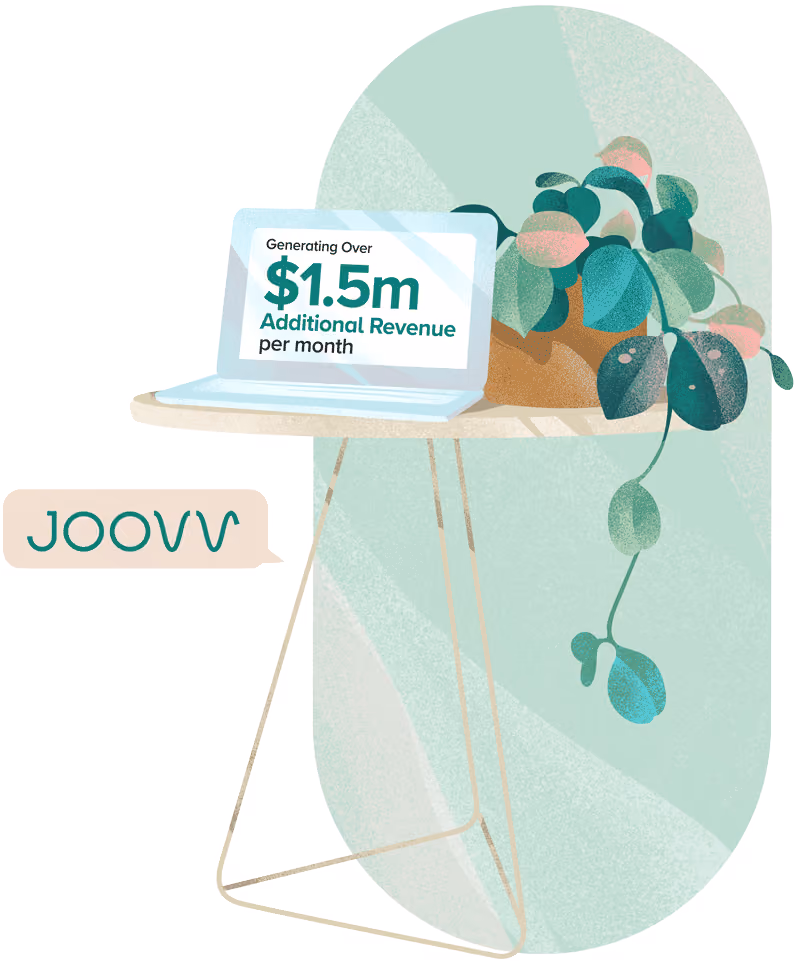 Illustration of a laptop on a table showcasing Joovv's 1.5 million dollars in additional revenue per month