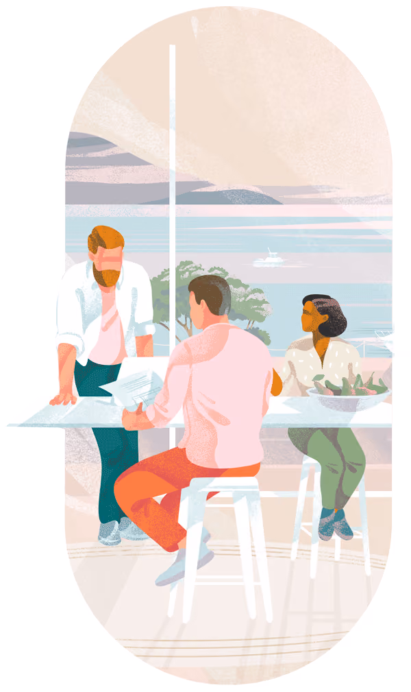 An illustration of three people sitting at a bench and discussing how to implement and optimize Justuno pop up forms.