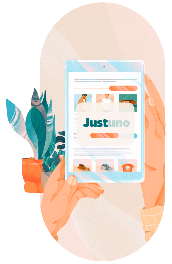 An illustration of two hands holding a tablet that is on a website with a Justuno pop up to encourage signing up to the brands email and SMS lists.