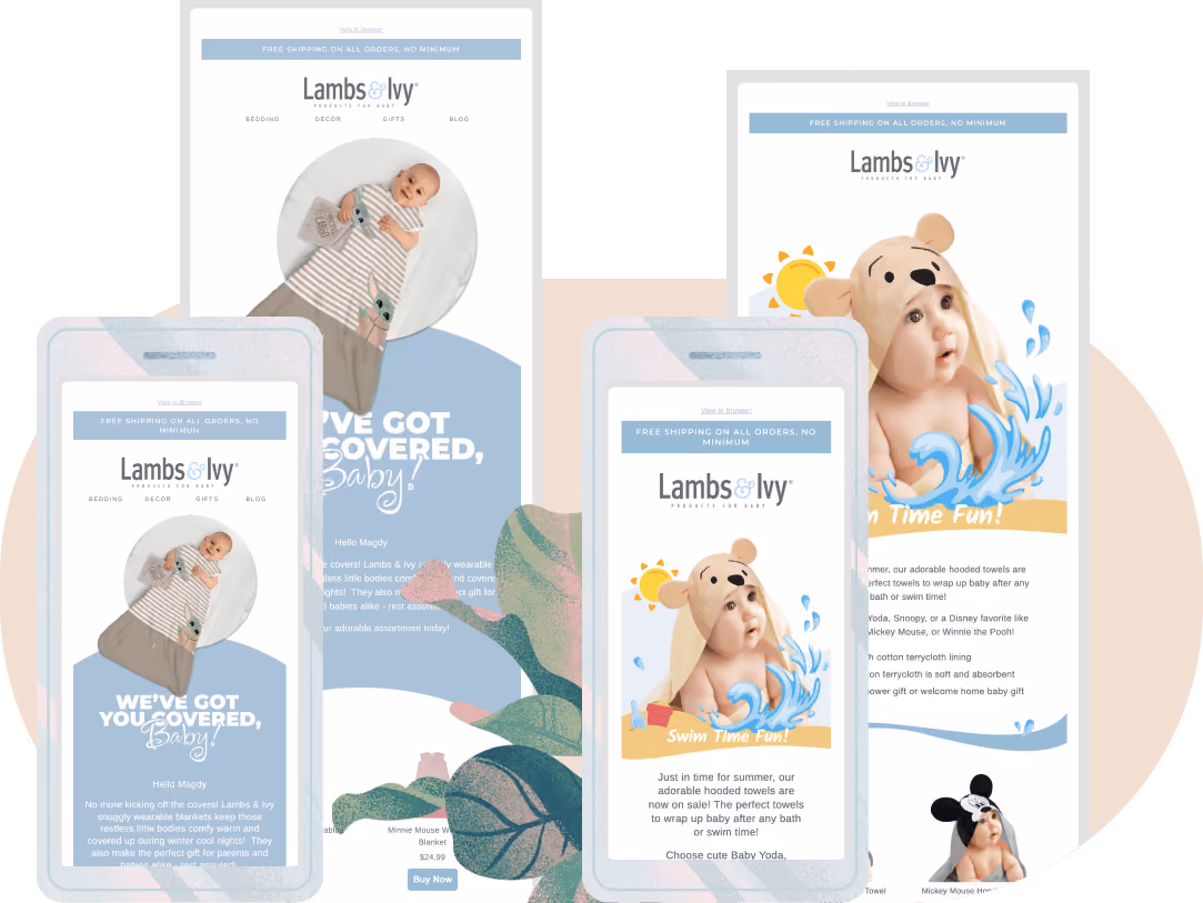 An illustration of unique and personalized automated email flows across desktop and mobile layouts created by Growth Gurus by leveraging customer data and insights for baby brand Lambs and Ivy. 