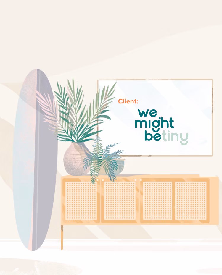 An illustration of an entertainment unit next to a surfboard with some plants on top. Above is a mirror with the words Client; We Might Be Tiny, a baby brand that grew their email list to 4x the size with the help of Growth Gurus. 
