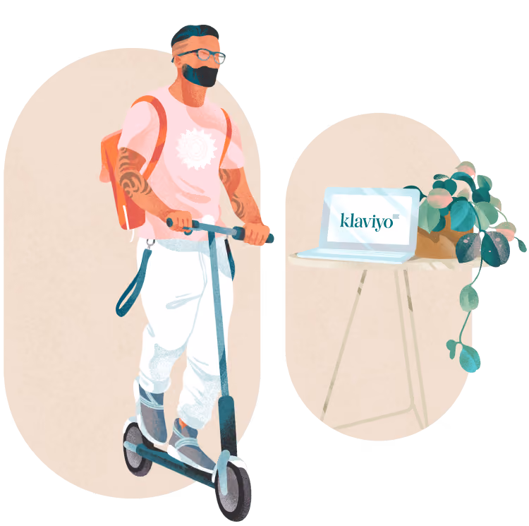 An illustration of an e-commerce merchant on a scooter searching for a Klaviyo email and SMS agency, riding past a laptop displaying the Klaviyo logo.