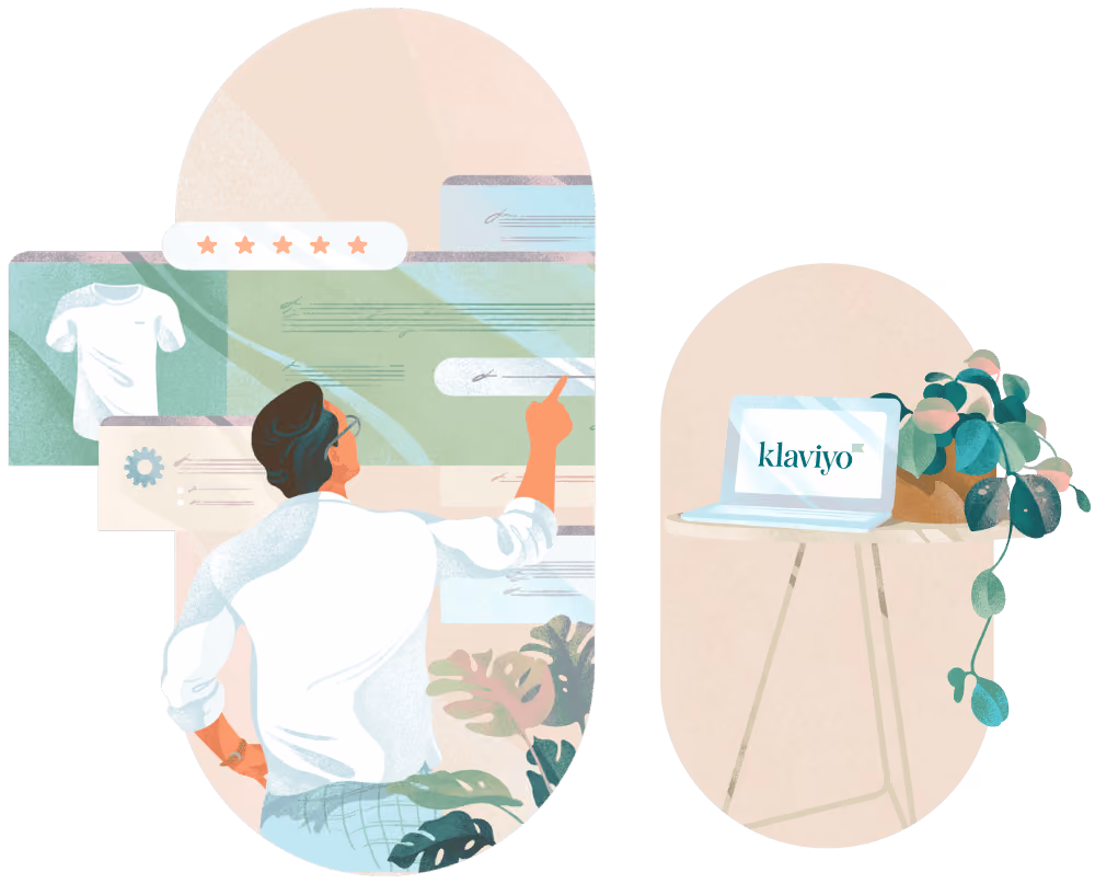 An illustration of a man buying a shirt online, leaving a review and rating of his purchase, which is captured by Klaviyo data and used by the Growth Gurus to build and optimize personalized email and SMS automations.