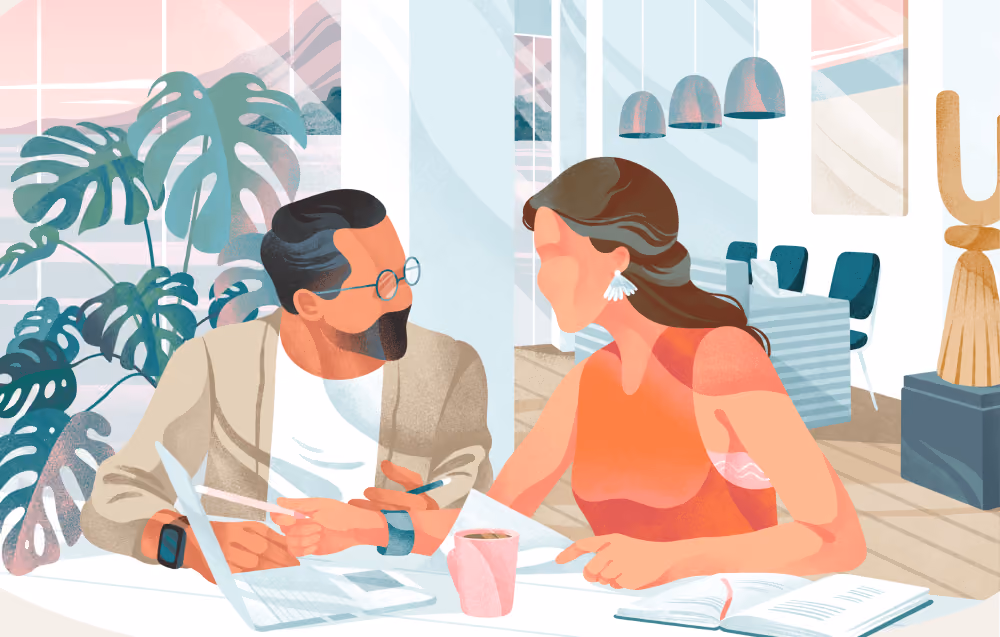 An illustration of a business owner and a Growth Gurus specialist discussing business and retention goals and how implementing Growth Gurus email and SMS strategies with Klaviyo will achieve those goals.