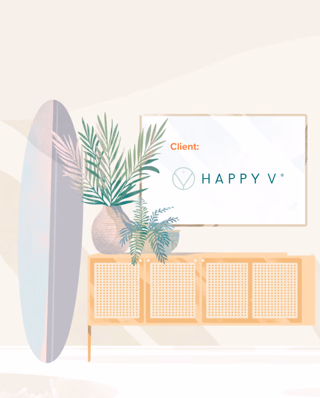 An illustration of an entertainment unit next to a surfboard with some plants on top. Above is a mirror with the words Client: Happy V, a baby brand that saw 8x revenue growth with the help of Growth Gurus.
