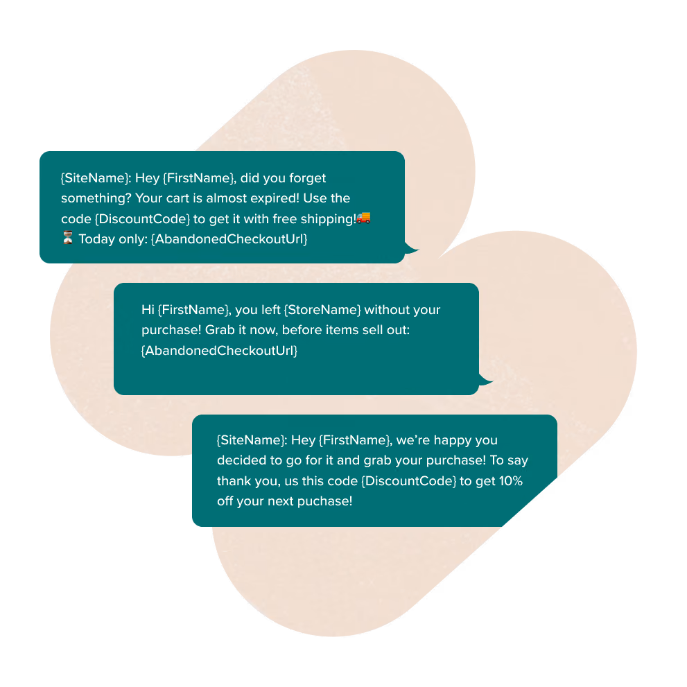 Automated flow SMS examples; three green text boxes with an abstract pink shape in the background. 