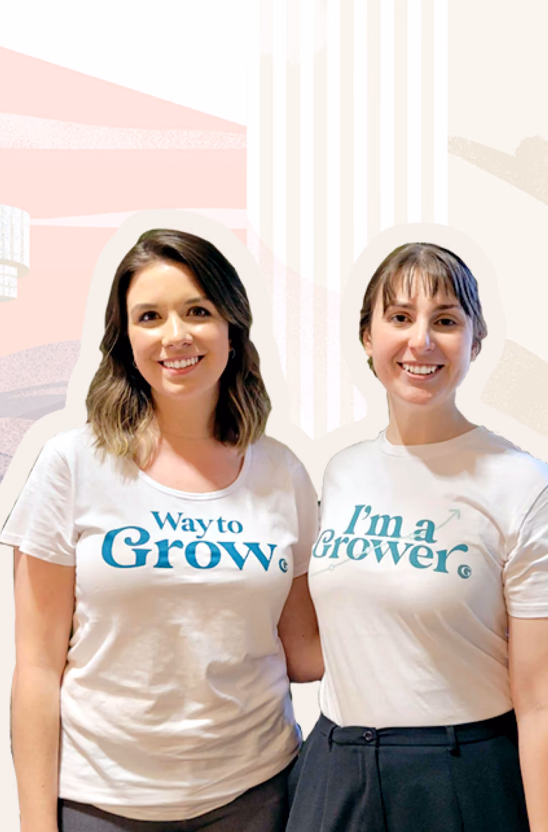 Two Growth Gurus team members smile in front of an abstract background in shirts that say way to grow and I m a grower.
