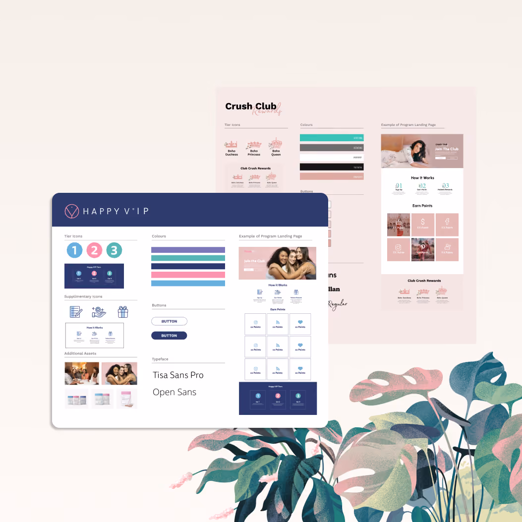 Mood boards created for Happy VIP and Crush Club Yotpo loyalty programs with an illustration of leaves behind them.