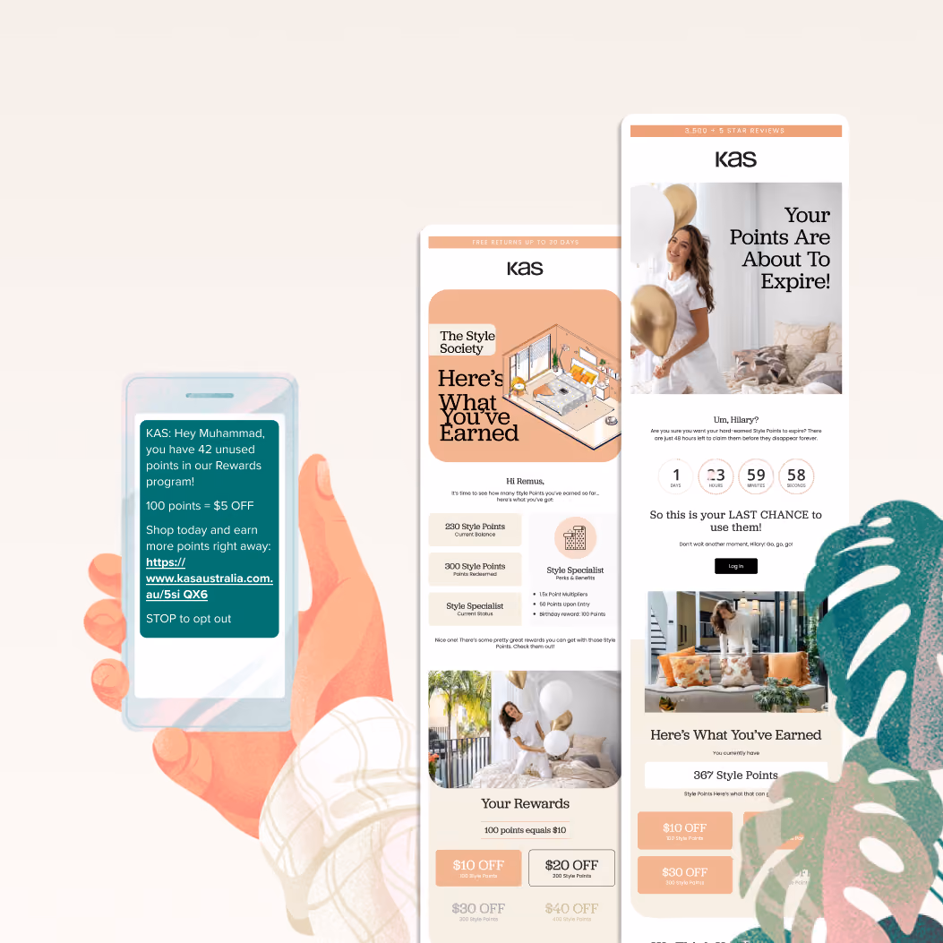 SMS and emails created for KAS Style Society Yotpo loyalty program by Growth Gurus that implement data and insights sourced from the program.