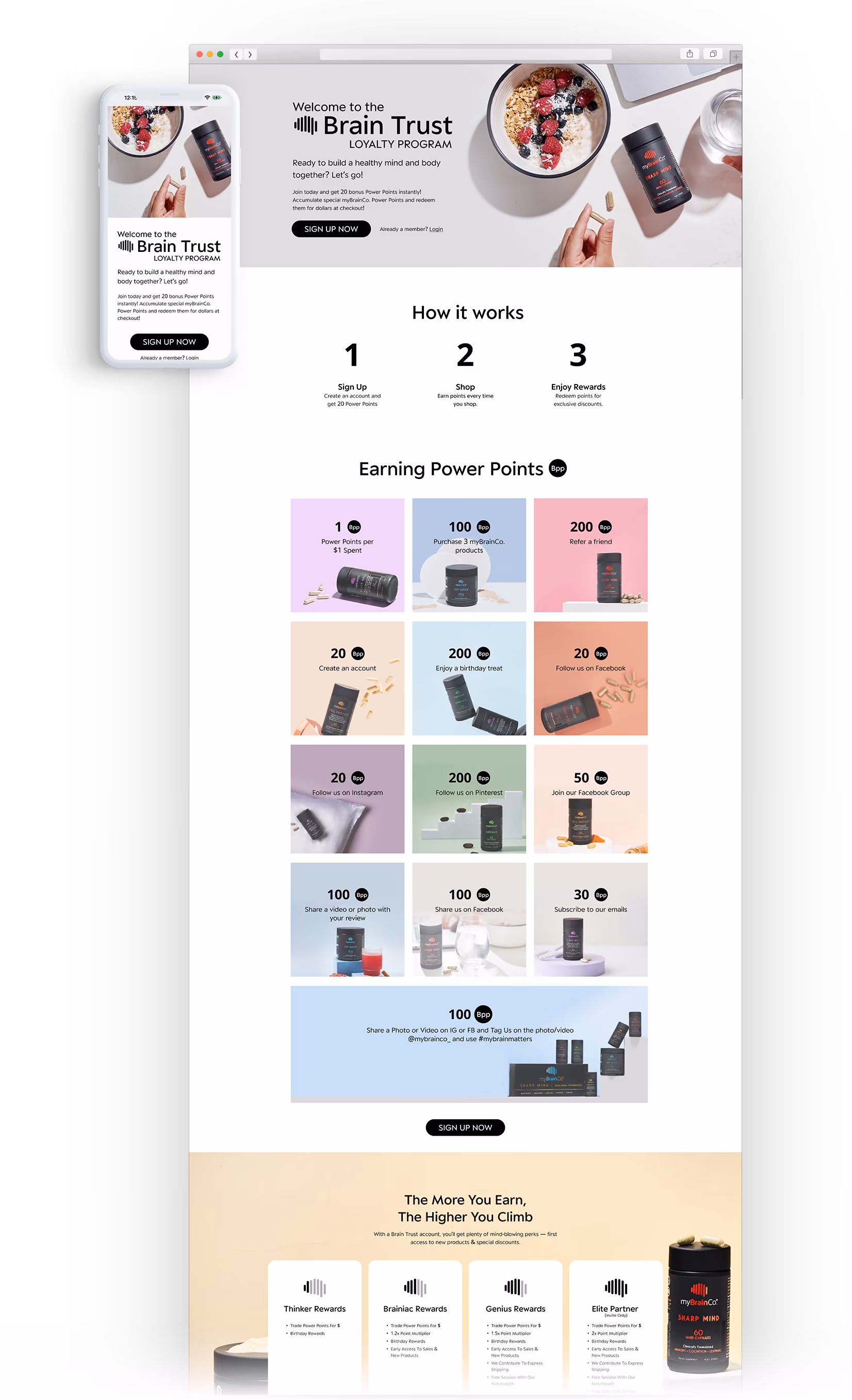 The Brain Trust for My Brain Co Yotpo loyalty program strategy and design web and mobile layout by Growth Gurus.