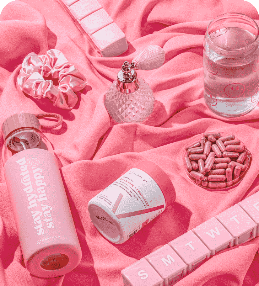 Hero image with water bottles, supplements, lotions, and perfume.