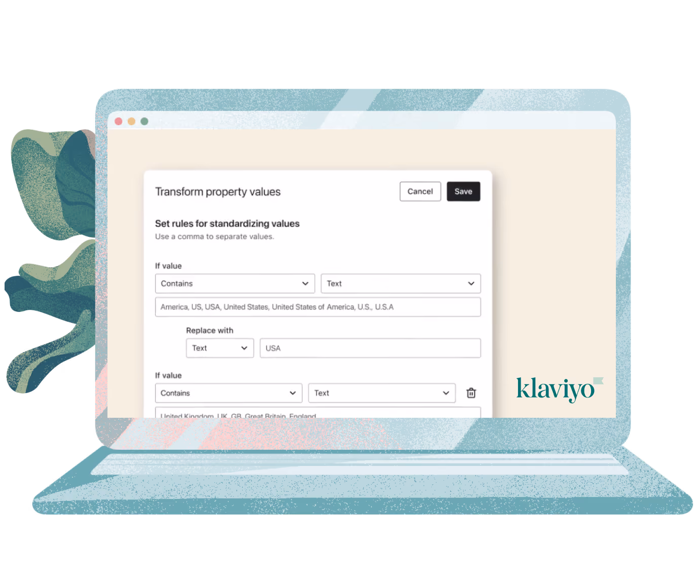 Illustration of a laptop showing Klaviyo customer data platform property values transformation capabilities, which Growth Gurus uses to optimize the customer journey experience.