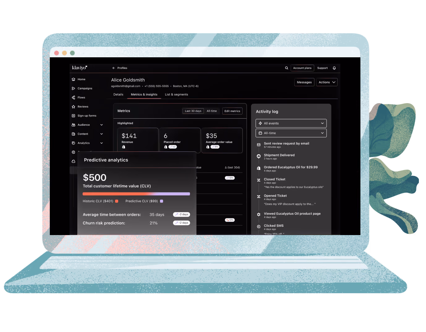 An illustration of a laptop showing the Klaviyo customer data platforms customer journey mapping capabilities, which Growth Gurus uses to optimize the customer journey experience. 