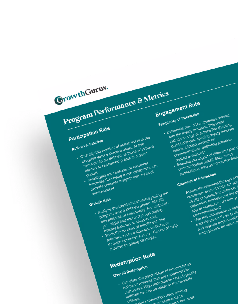 A page from the Loyalty Audit folder, with the heading Program Performance and Metrics, as well as information about how to track the engagement and participation rates of a Yotpo loyalty program.