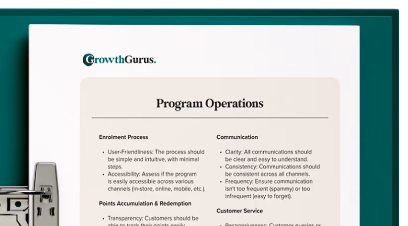 A page from the Loyalty Audit folder, with the heading Program Operations and information on what will be assessed in loyalty programs, including the enrolment process, communication, points accumulation and customer service.