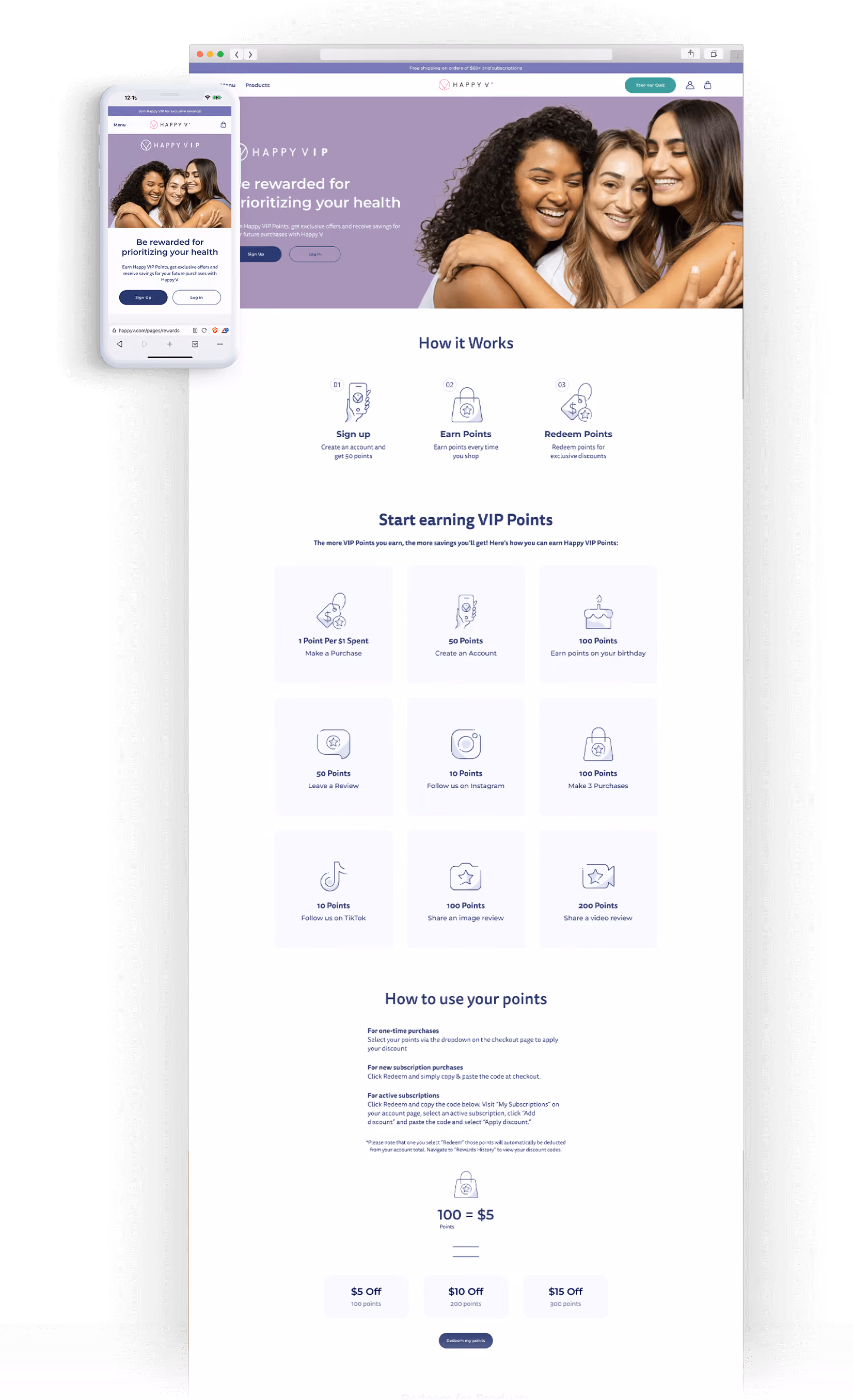 Happy VIP for Happy V Yotpo loyalty program strategy and design web and mobile layout by Growth Gurus. 