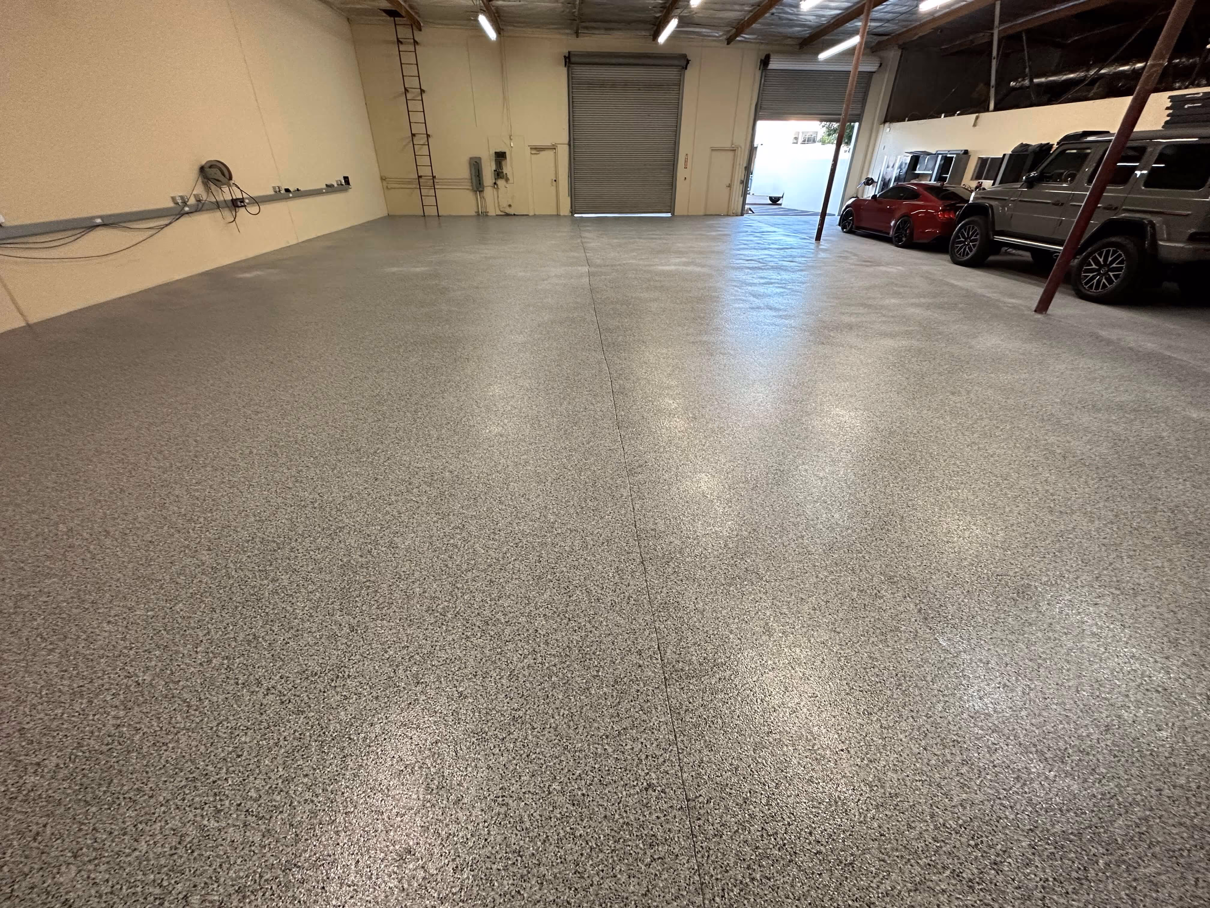 Commercial garage epoxy flake floor in Corona